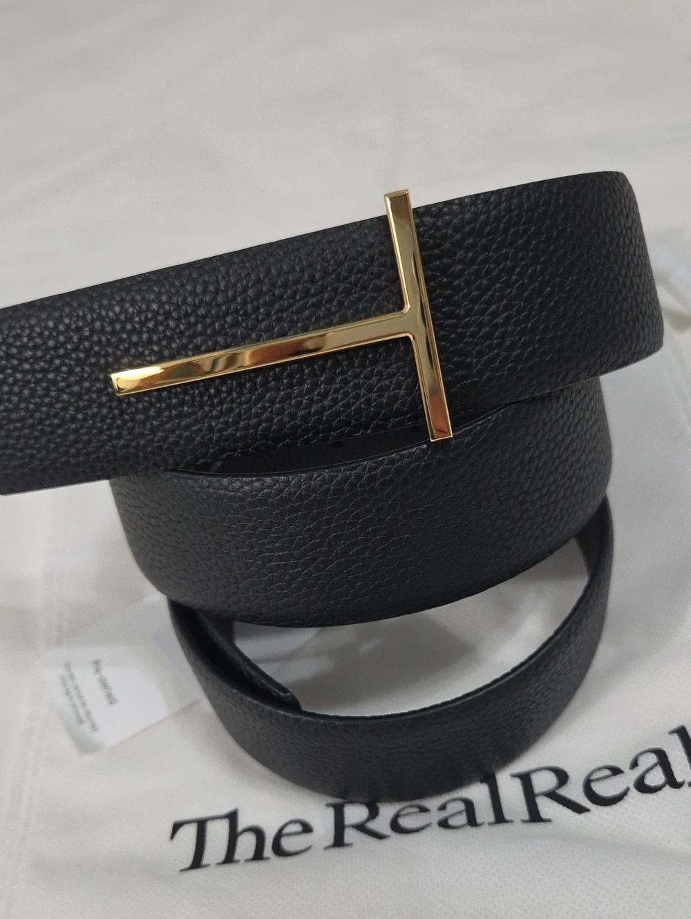 Tom Ford Black Leather Belt Gold T Accent Buckle